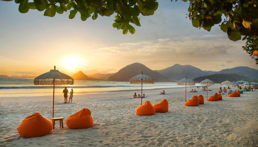 Selong Belanak beach umbrellas and bean bags to enjoy the sunset